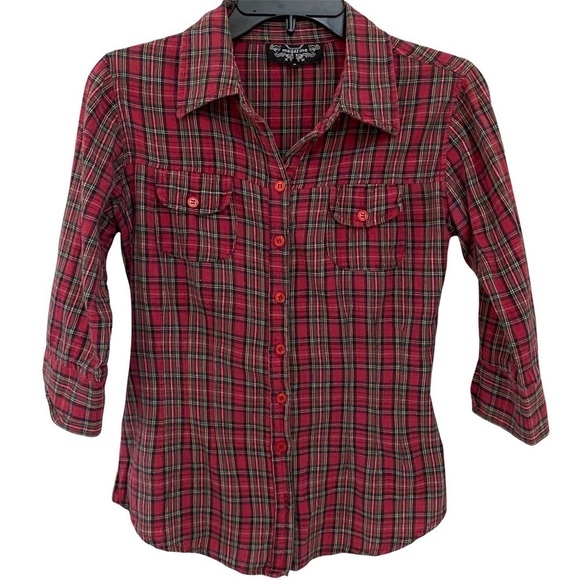 Magazine Tops - Magazine Red Plaid Button Front Collar Shirt Tab Sleeves Tie Back Sz Small